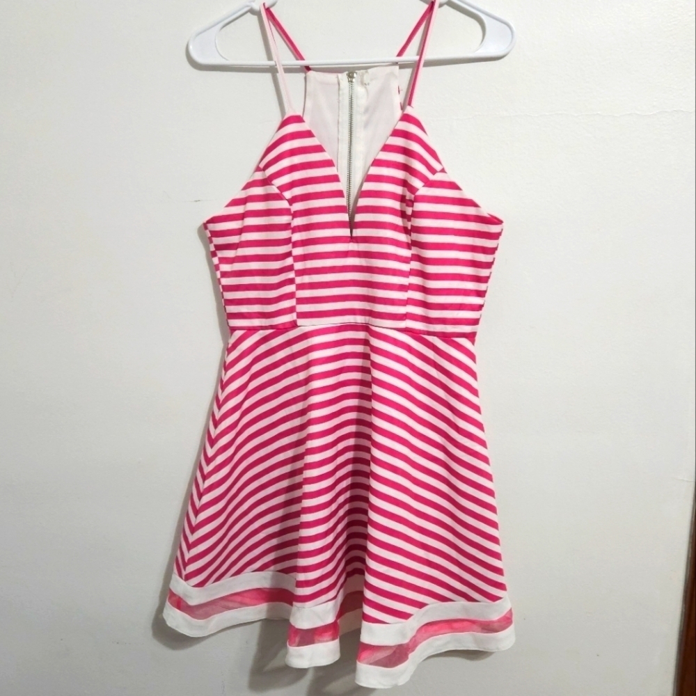 Tea & Cup pink striped fit and flare spaghetti strap dress. Size Large.